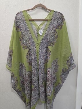 Howard's Boho Green Paisley Beach Coverup | Sheer Chiffon Summer Kimono Top